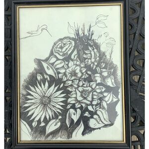 Vintage Framed Black & White Flowers Hummingbird Print Drawing 8 1/2” x 11”